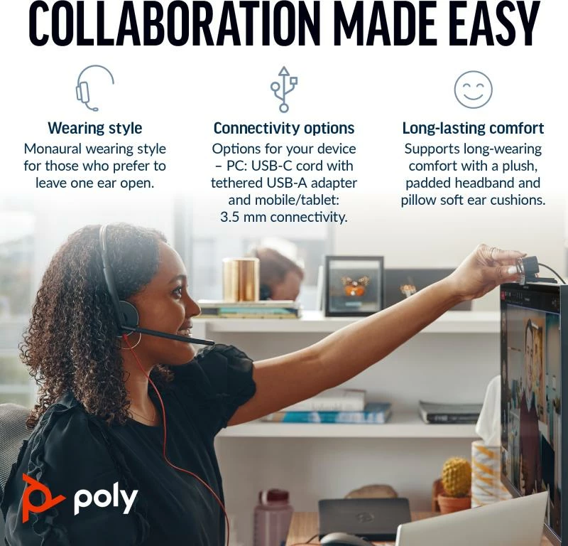 Kufje me mikrofon, HP Poly Blackwire 5210 8X230AA, monaurale, USB-C, e zezë