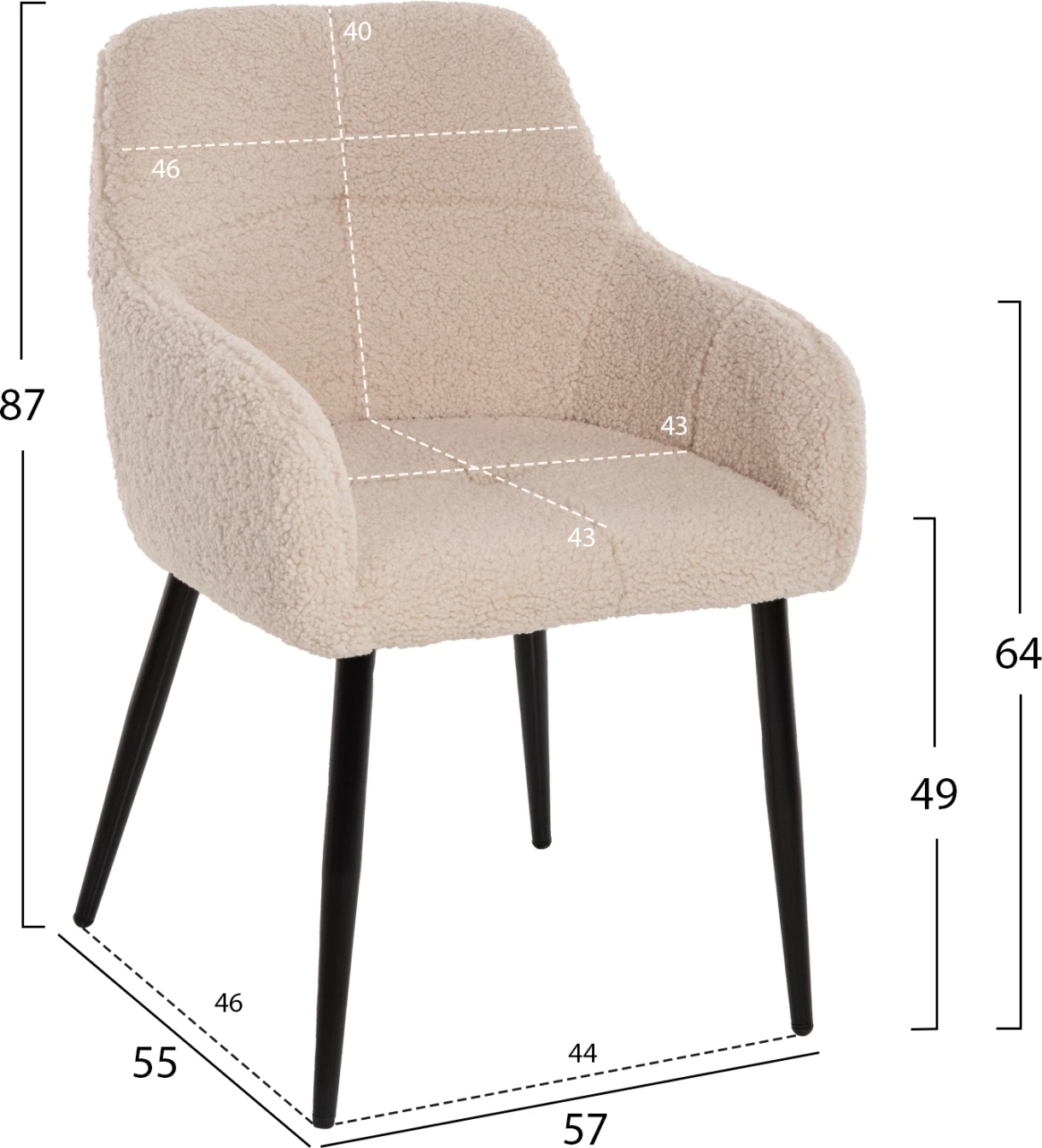 Karrige Shelly, pëlhurë Teddy, këmbë metali të zeza, 57x55x87H cm., set prej 2 copë