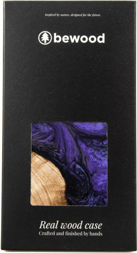 Mbështjellës për celular Bewood Unique Violet për iPhone 15 Plus, MagSafe, dru dhe rrëshirë, vjollcë e zezë