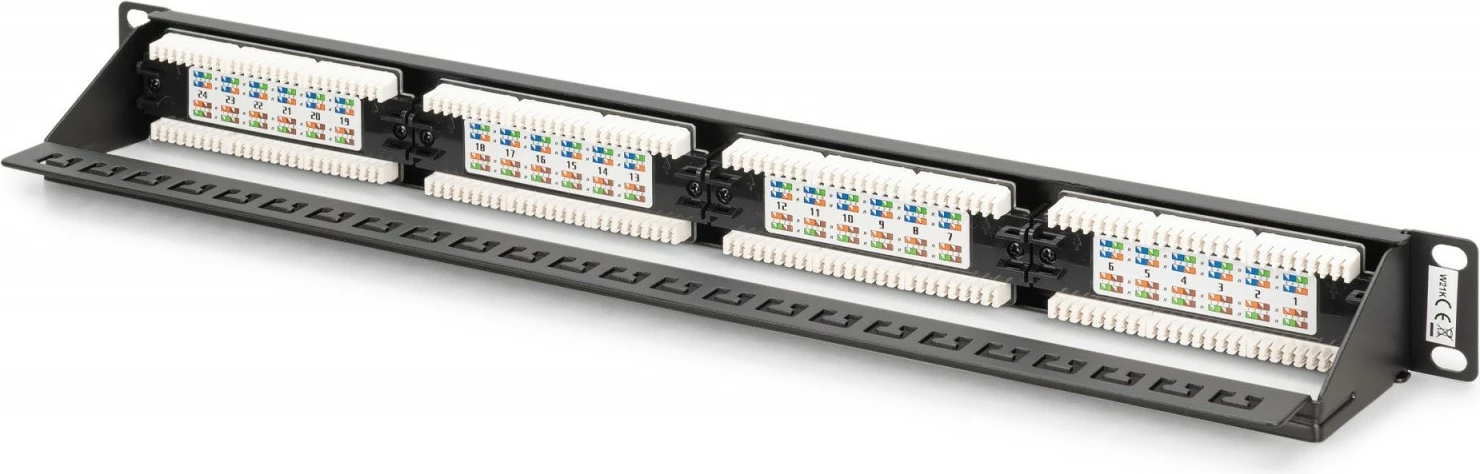 Patch Panel, Digitus DN-91624U-CR, 19" 1U, 24x RJ45 CAT 6 UTP, LSA vertikal me udhëzues kabllosh dhe fusha etiketime, e zezë