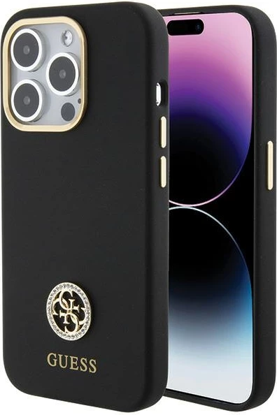 Mbështjellës Guess Silicone Logo Strass 4G për iPhone 15 Pro Max, zi
