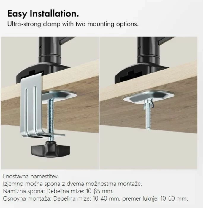 Mbajtëse monitori me krah gaz VONHAUS 3000914, deri 32 inç, VESA 75x75/100x100, 9 kg, montim me clamp ose në vrimë, e zezë
