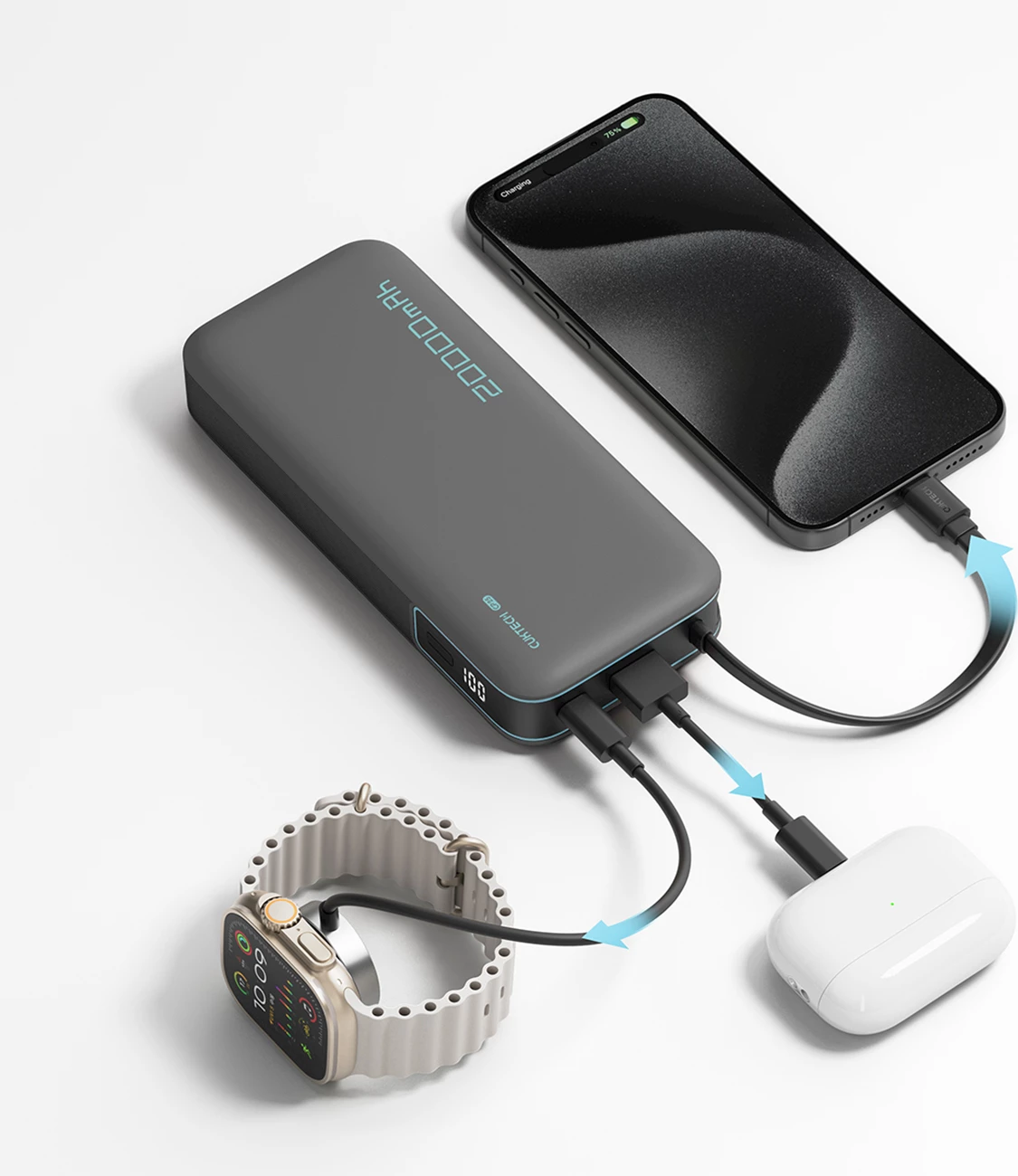 Powerbank Cuktech CUKP200NGLDG 20000mAh, 55W, me kabllo USB-C të integruar, Gri