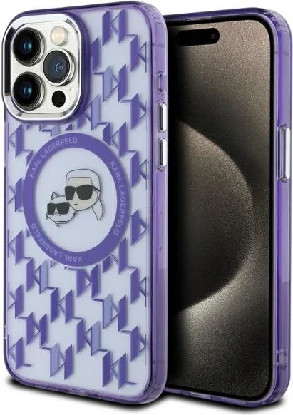 Mbështjellës Karl Lagerfeld IML Monogram Karl & Choupette Head MagSafe për iPhone 15 Pro Max, vjollcë