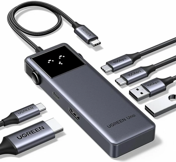 Hub USB-C UGREEN Uno 35998, 6-në-1, 2x USB-C 10Gbps, 2x USB-A 10Gbps, HDMI 4K@60Hz, USB-C PD 100W, gri e errët