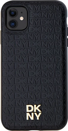 Mbështjellës DKNY Leather Monogram Pattern Metal Logo MagSafe për iPhone 11/XR, i zi