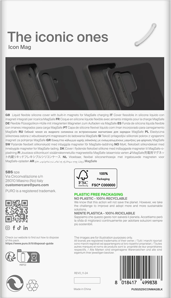 Mbështjellës Puro Icon Mag për Samsung Galaxy S25, MagSafe, Silikon, Zi