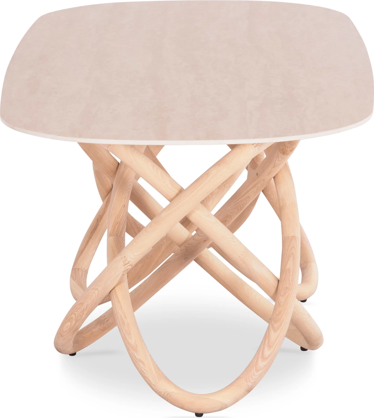 Tavolinë ngrënie Orbiter, sipërfaqe qeramike ngjyrë ecru, këmbë fraksini natyrale, 200x100x76.5cm