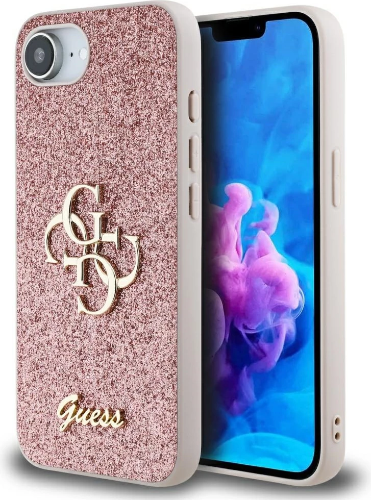 Mbështjellës, Guess, Fixed Glitter Big 4G, për iPhone 16e, hardcase eco-lëkurë/TPU/PC, rozë
