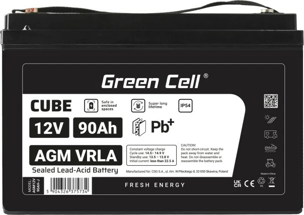 Bateri AGM VRLA, Green Cell, AGM12V90AH-J, 12V 90Ah, IP54, e zezë