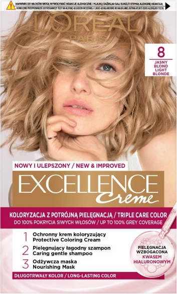 Ngjyrë për flokë L'Oreal Paris Excellence Creme 8 Light Blonde për femra, 1 copë
