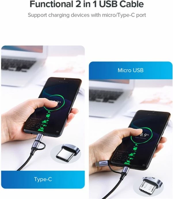 Kabllo UGREEN USB-A në Micro USB + USB-C MPN 30875 1m 2.4A 2-në-1 e gërshetuar, e zezë