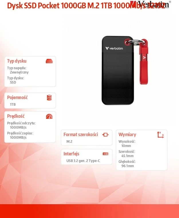 SSD i jashtëm Verbatim Pocket SSD 32192 1TB M.2 USB 3.2 Gen 2 deri 1000MB/s USB-C zi-kuqe