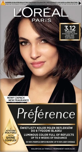 Ngjyrë për flokë L'Oreal Paris Preference 3.12 Toronto për femra, 1 copë