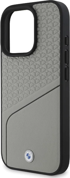Mbështjellës BMW Sign me teksturë lëkure dhe MagSafe për iPhone 16 Pro, Gri