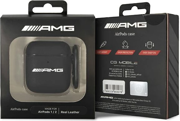 Mbështjellës Mercedes AMG Leather Big Logo për AirPods 1/2, lëkurë, e zezë