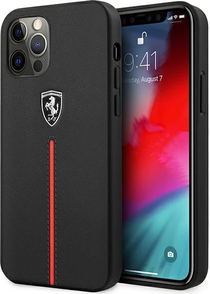Mbështjellës Ferrari Off Track për iPhone 12 Pro Max, lëkurë natyrale, i zi