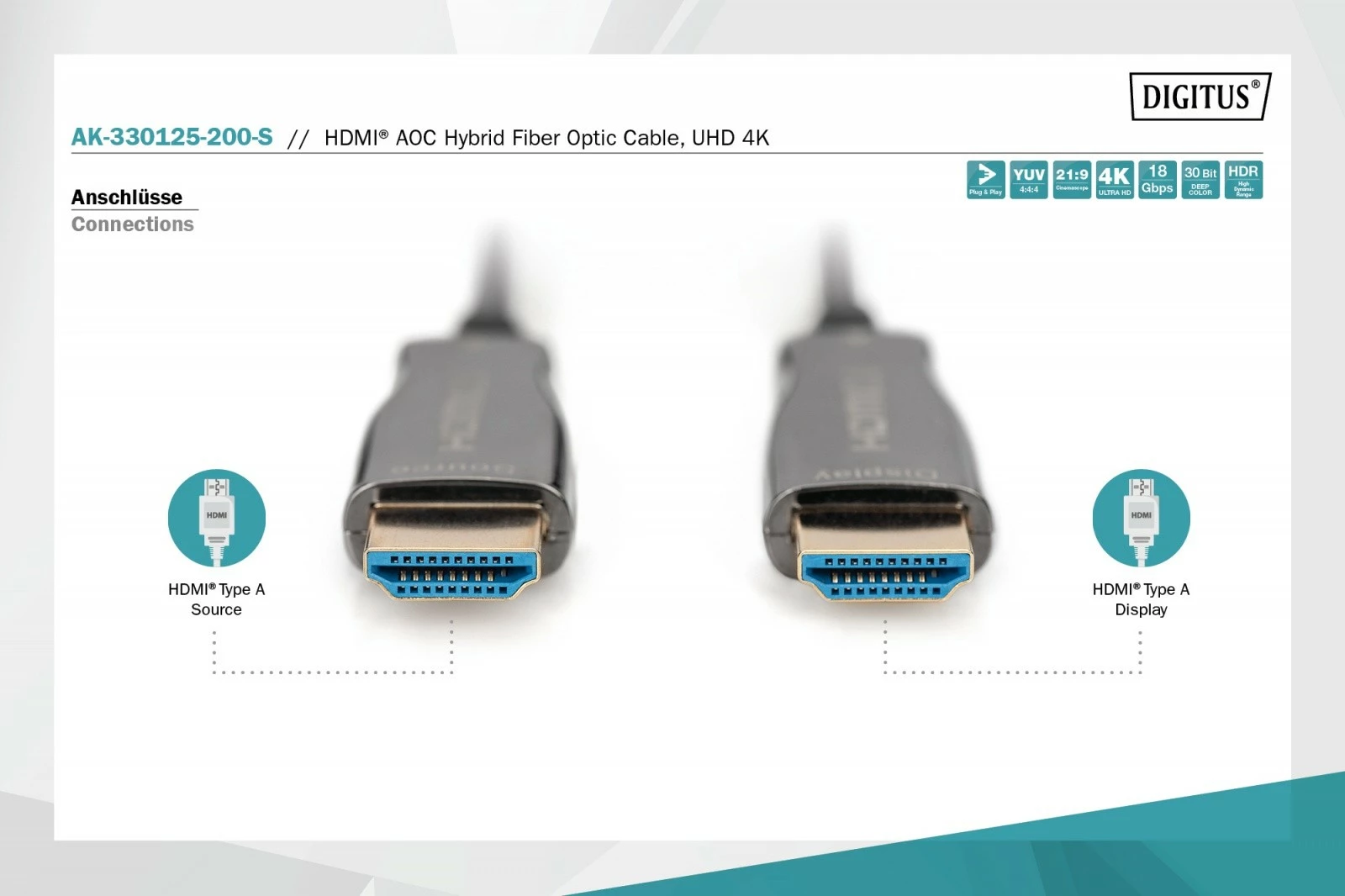 Kabllo HDMI Digitus AK-330125-200-S, Hybrid AOC, 20m, 4K/60Hz, E zezë