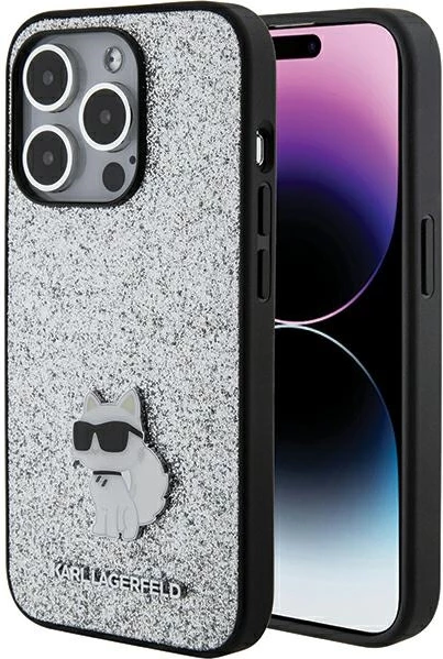 Mbështjellës Karl Lagerfeld Glitter Choupette Logo Metal për iPhone 15 Pro Max, Argjend