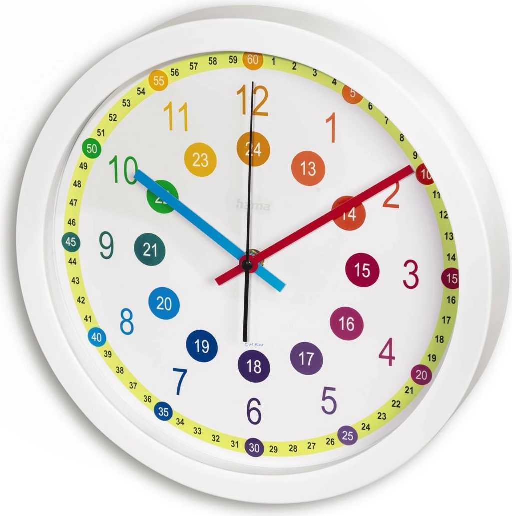 Orë muri Hama Easy Learning, 30cm, analoge, shumëngjyrëshe, e bardhë