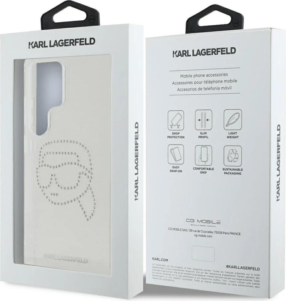 Mbështjellës Karl Lagerfeld Rhinestones Karl Head Logo për Samsung Galaxy S25 Ultra, transparent