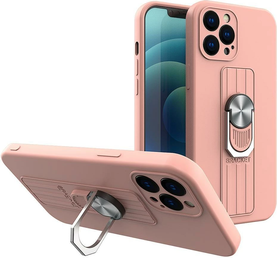 Mbështjellës silikoni Hurtel Ring Case me mbajtëse gishti dhe qëndrim për Samsung Galaxy S22, Rozë