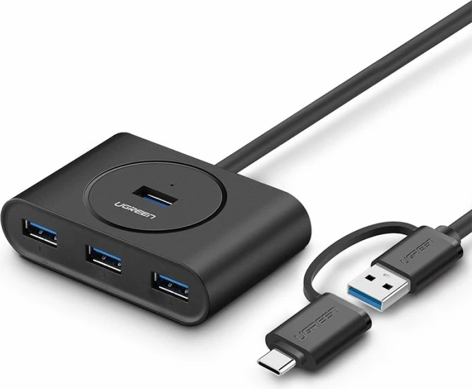 USB 3.0 hub, UGREEN 40850, 4x USB-A, me adapter USB-C 3.1 OTG, kabllo 1m, i zi, në kuti