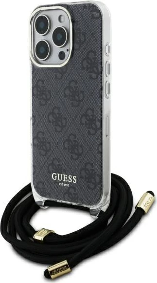 Mbështjellës Guess Crossbody Cord 4G Print për iPhone 16 Pro, i zi