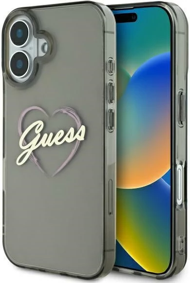 Mbështjellës Guess IML Heart për iPhone 16 Plus, Zi