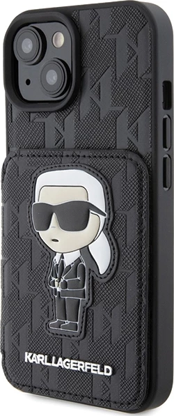 Mbështjellës Karl Lagerfeld Saffiano Cardslots & Stand Monogram Ikonik Patch për iPhone 15, i zi