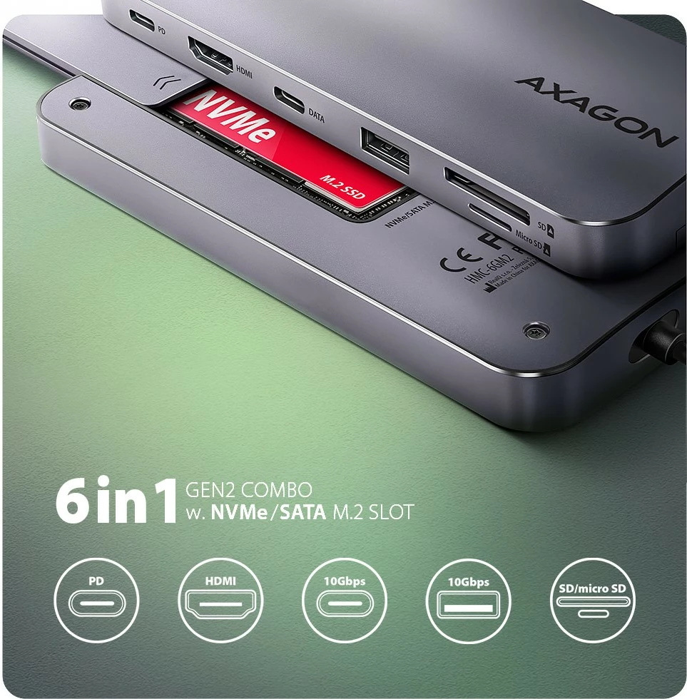 Multiport hub AXAGON HMC-6GM2, 6-në-1, USB-C 10Gbps, HDMI 4K/60Hz, M.2 NVMe/SATA, SD/microSD, PD 100W, Gri