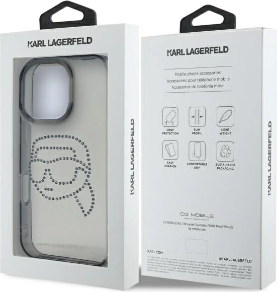 Mbështjellës Karl Lagerfeld KLHCP16XHKHDCELK për iPhone 16 Pro Max 6.9", i zi, hardcase me rhinestones