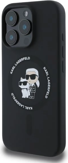 Mbështjellës, Karl Lagerfeld, Silicone Karl & Choupette Heads Ring MagSafe Case, për iPhone 16 Pro Max, me MagSafe, i zi
