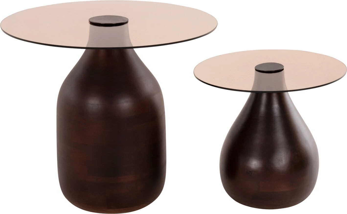 Tavolina anësore 2 copë CHANG FH9668 dru mango ngjyrë kafe, xham sipër Φ55x49,5H & Φ40x36,5H cm