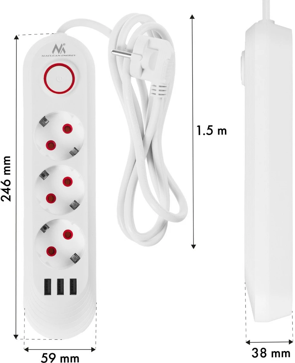 zgjatës elektrik, Maclean, MCE394 W, 3x Schuko + 3x USB, kabllo 1.5 m, 2500 W, 110-240V 50/60Hz, çelës ON/OFF, i bardhë