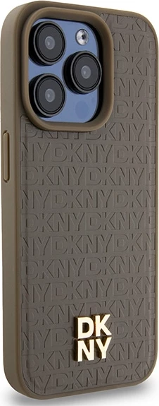 Mbështjellës DKNY Leather Pattern Metal Logo MagSafe për iPhone 15 Pro Max, kafe