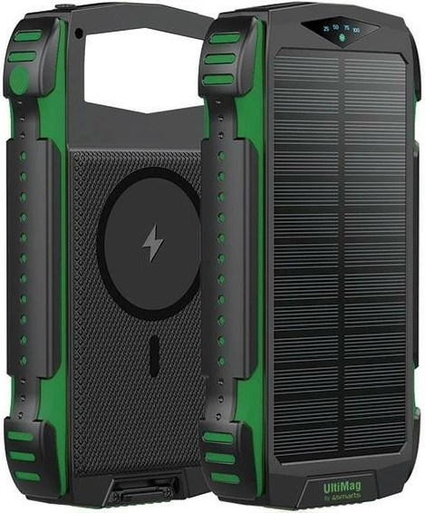 Power bank solar i fortifikuar, 4smarts, TitanPack UltiMag, 20000mAh, karikim me valë 15W, MagSafe magnetik, USB-C/USB-A/Lightning/micro-USB, jeshile