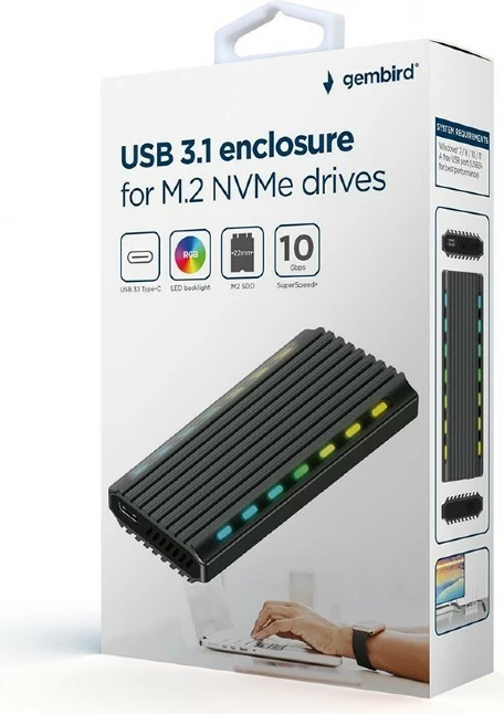 Kasë Gembird EE2280-U3C-03 për M.2 NVMe/NGFF, USB 3.1, Alumini, me LED RGB