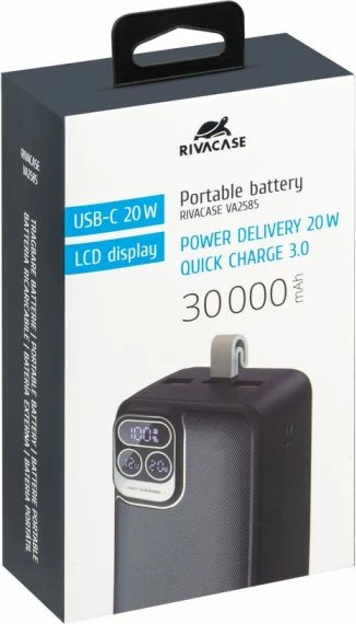 Powerbank RIVACASE VA2585 30000mAh 20W QC 3.0/PD 3.0 me LCD, gri e errët