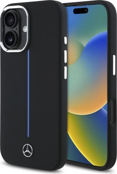 Mbështjellës Mercedes Silicone me MagSafe për iPhone 16, Zi me vijë blu
