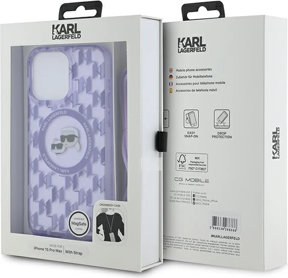 Mbështjellës Karl Lagerfeld IML Crossbody Monogram Karl & Choupette Head MagSafe për iPhone 15 Pro, vjollcë