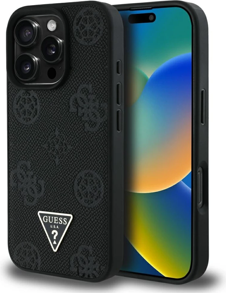 Mbështjellës Guess Grained Hot Stamp Peony Triangle Logo MagSafe për iPhone 16 Pro, Zi