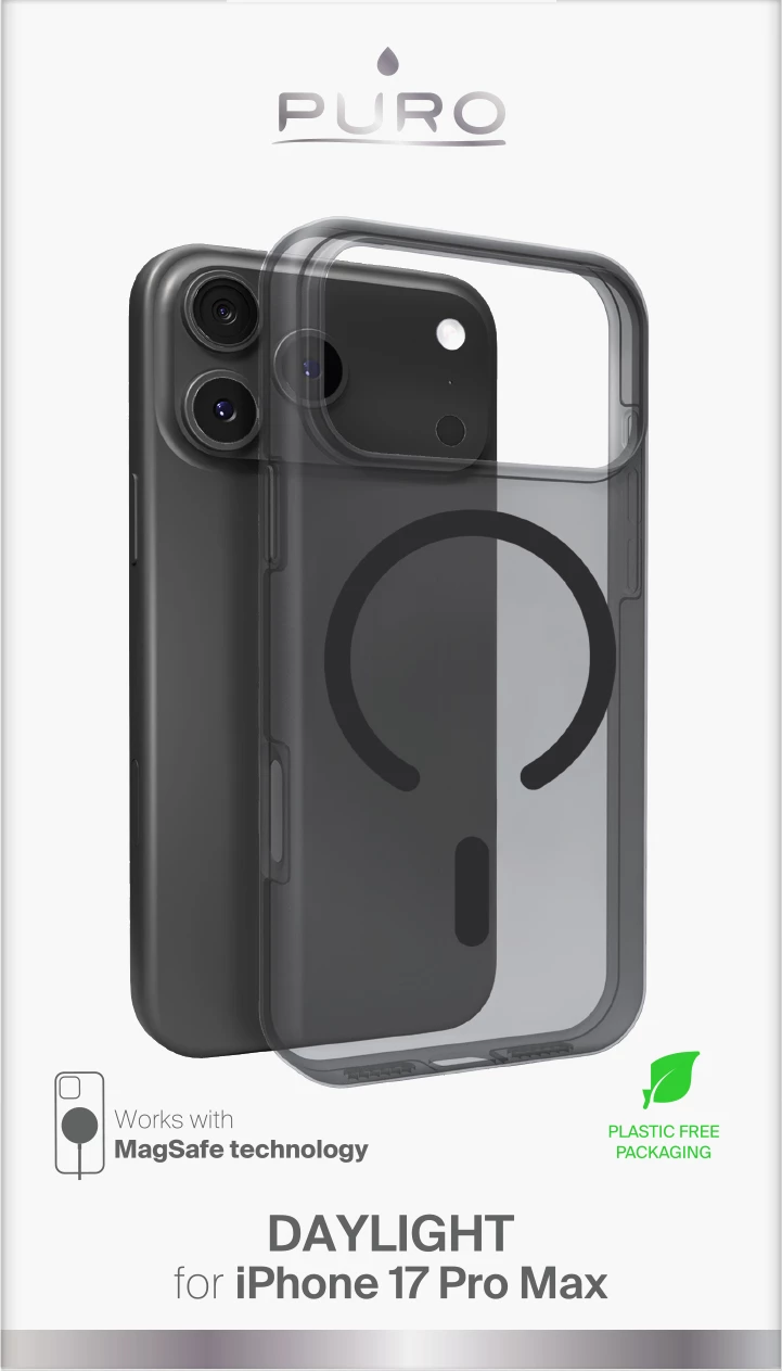 Mbështjellës Puro Daylight për iPhone 17 Pro Max, MagSafe kompatibil, silikon + polikarbonat, 1 mm, i zi gjysmë-transparent