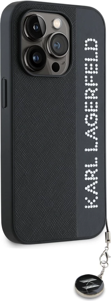 Mbështjellës Karl Lagerfeld Saffiano Rhinestones & Charm për iPhone 15 Pro Max, i zi