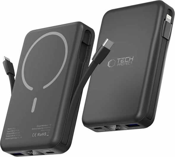 Power bank Tech-Protect LifeMag PB31, 10000mAh, MagSafe, USB-C/USB-A, kabllo të integruara, e zezë