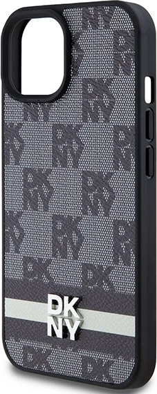 Mbështjellës DKNY Leather Checkered Mono Pattern & Printed Stripes për iPhone 15/14/13, i zi