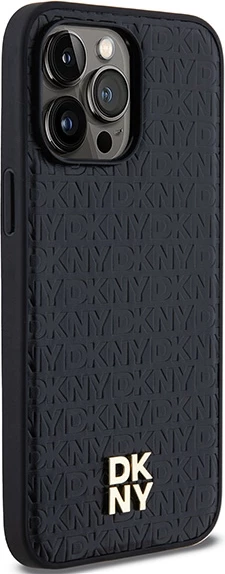Mbështjellës DKNY Leather Pattern Metal Logo MagSafe për iPhone 13 Pro / 13, i zi