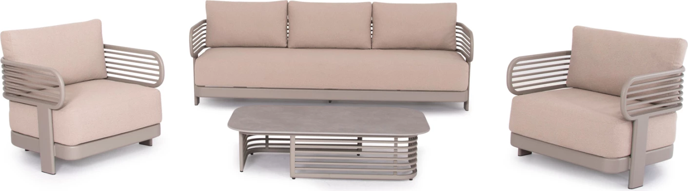 Set lounge për jashtë, 4 pjesë, AURA CD6193.04, alumin ngjyrë shampanje, pëlhurë OLEFIN, tavolinë me sipërfaqe gur