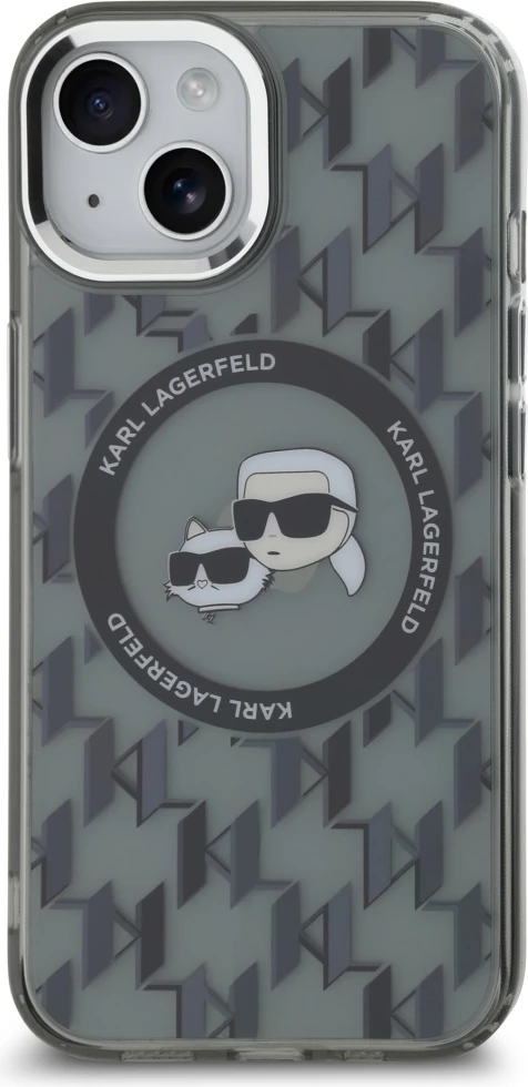 Mbështjellës Karl Lagerfeld IML Monogram Karl & Choupette Head MagSafe për iPhone 15 Plus, Zi
