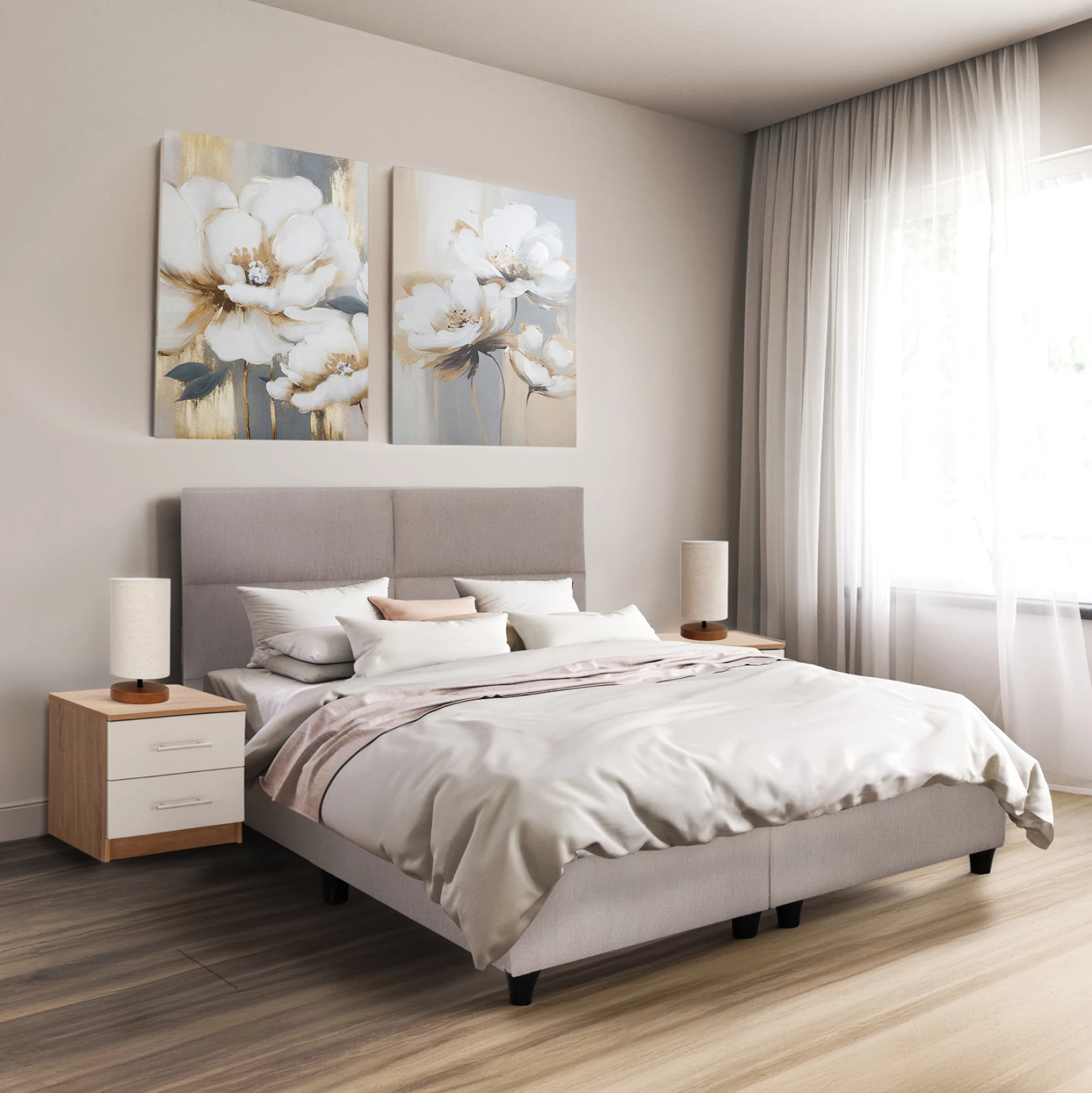 Krevat dopio MILO, material stof bezhë, për dyshek 160x200cm